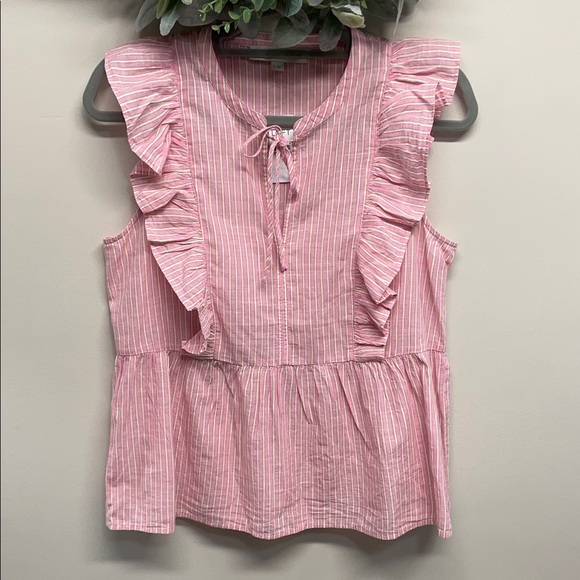 NWT Loft Striped Ruffle Tie Neck Peplum Sleeveless Top Pink Burst S - Picture 1 of 12